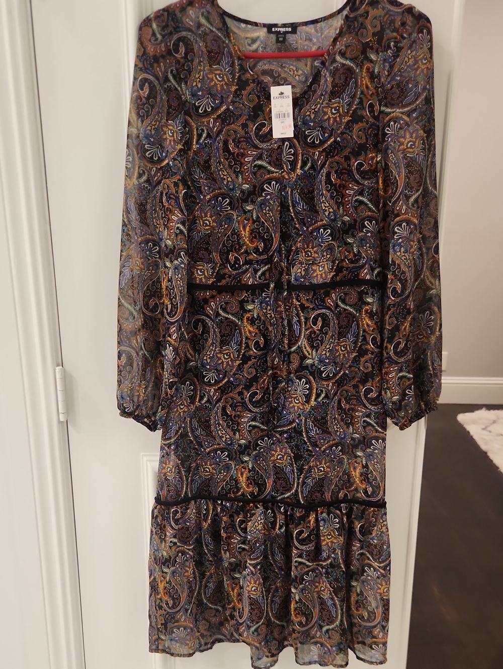 Express Navy Paisley Tiered Long Sleeve Midi Dress